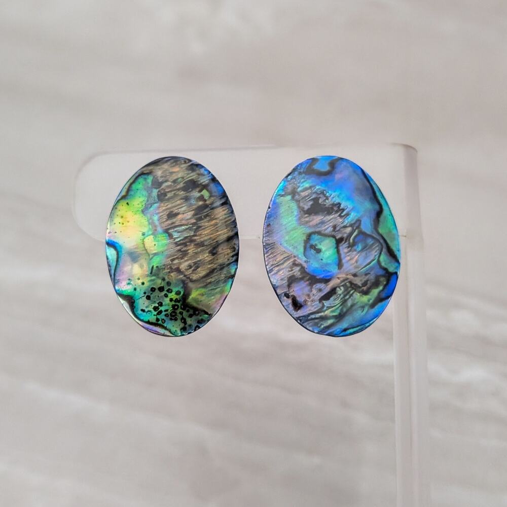 Vintage Clip On Earrings Abalone Oval - Just Over 1 & 1/8"